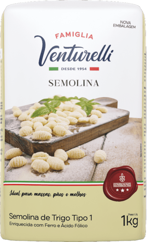 Semolina de Trigo Tipo 1 Enriquecida com Ferro e Ácido Fólico Famiglia Venturelli Pacote 1kg