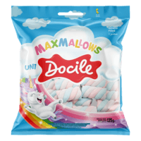 Marshmallow Baunilha Recheio Morango Uni Docile Maxmallows Pacote 135g