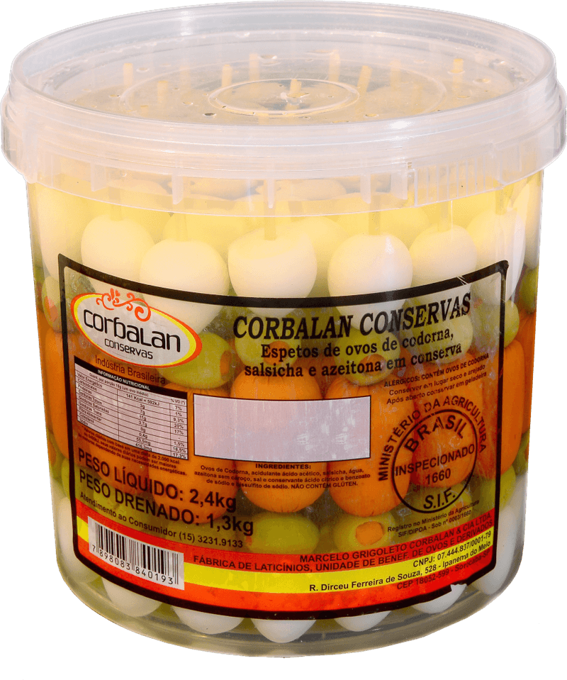 Espeto-Misto-Ovo-de-Codorna-Salsicha-Azeitona-em-Conserva-Corbalan-13Kg