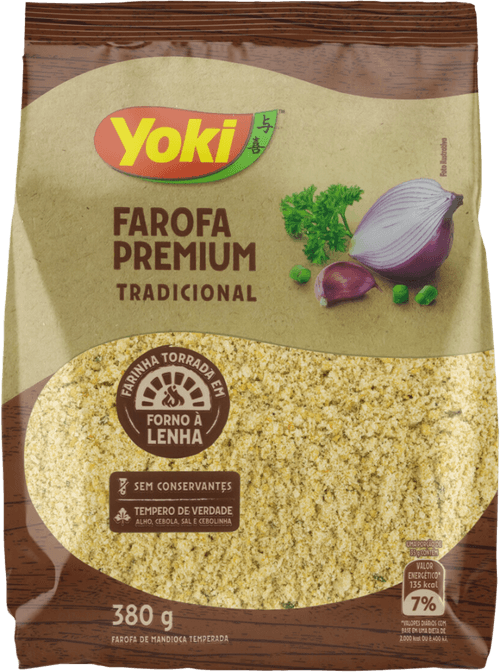 Farofa de Mandioca Temperada Tradicional Cebola, Alho, Sal e Cebolinha Yoki Premium Pacote 380g