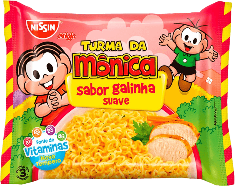 Macarrao-Instantaneo-Lamen-com-Tempero-de-Galinha-Suave-Turma-da-Monica-Nissin-Miojo-Pacote-85g-Sendo-80g-de-Macarrao-e-5g-de-Tempero