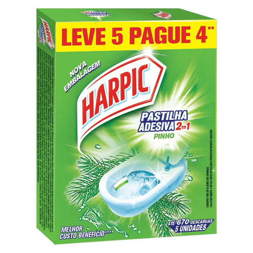 Detergente Sanitário Pastilha Adesiva 2 em 1 Pinho Harpic Leve 5 Pague 4 Unidades