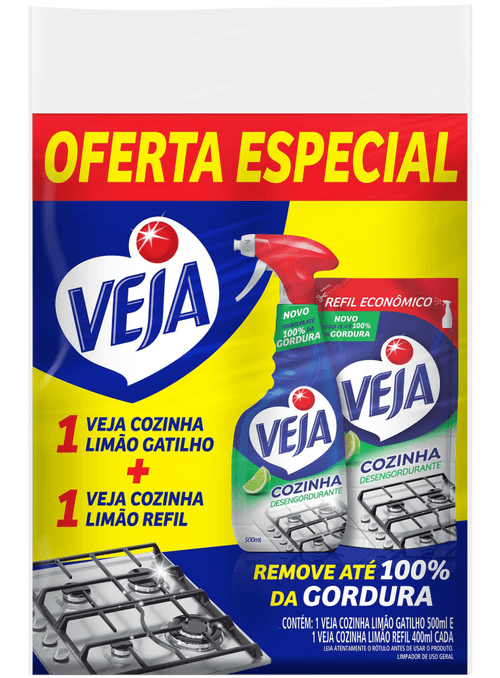 Kit Veja Limpador Desengordurante Cozinha Limão 500ml + Refil 400ml