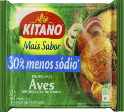 Tempero Pó para Aves com Cebola, Coentro e Cominho Kitano Mais Sabor Pacote 60g 12 Unidades de 5g Cada