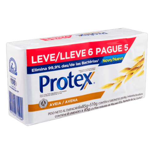 Sabonete em Barra Antibacteriano Aveia Protex Envoltório 510g Leve 6 Pague 5 Unidades de 85g Cada