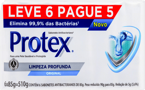 Sabonete em Barra Antibacteriano Original Protex Limpeza Profunda Envoltório 510g Leve 6 Pague 5 Unidades de 85g Cada