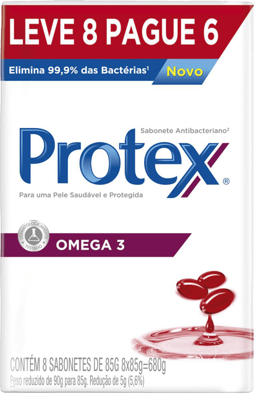 Sabonete em Barra Antibacteriano Protex Ômega 3 Envoltório 680g Leve 8 Pague 6 Unidades de 85g Cada