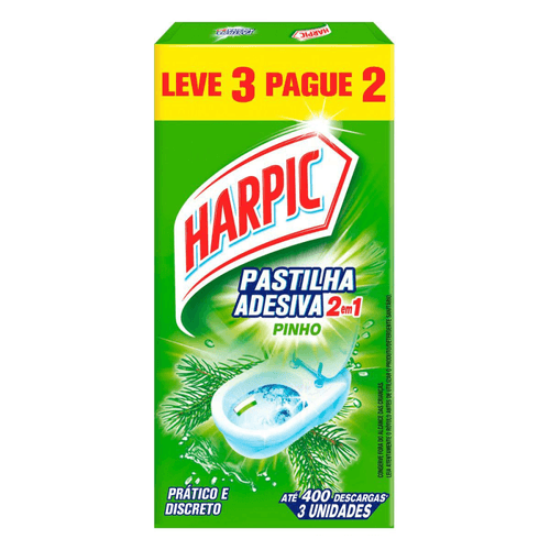 Harpic Limpador e Aromatizador Sanitário Pastilha Adesiva Power 2 em 1 Pinho 3 unidades -  Leve 3 Pague 2