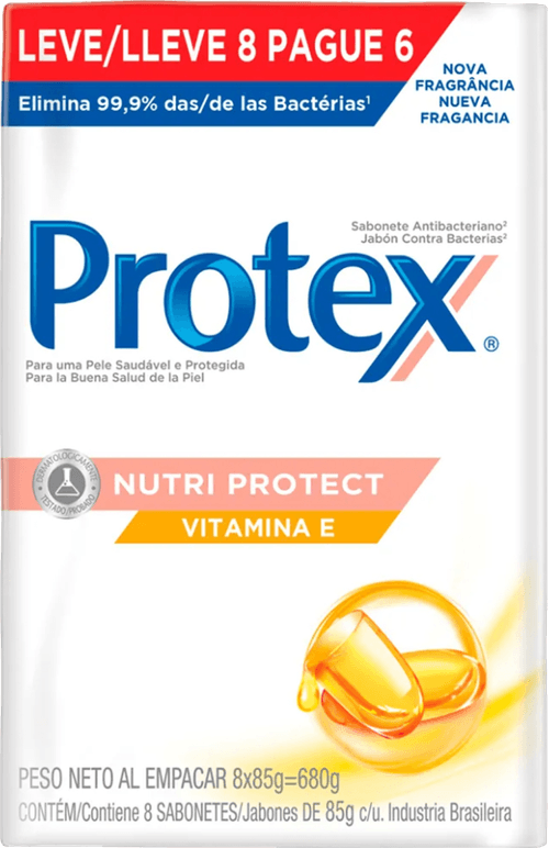 Sabonete em Barra Antibacteriano Protex Nutri Protect Vitamina E Caixa 680g Leve 8 Pague 6 Unidades de 85g Cada