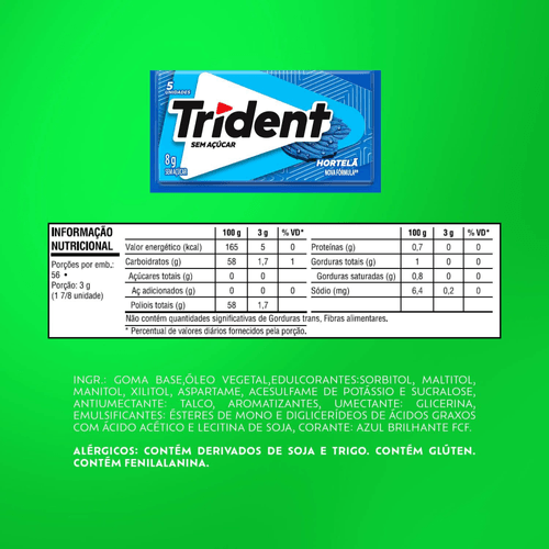 Chiclete Trident Hortelã Sem Açúcar  8g