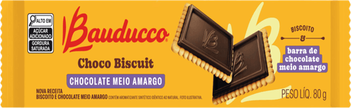 Biscoito e Barra de Chocolate Meio Amargo Bauducco Choco Biscuit Pacote 80g