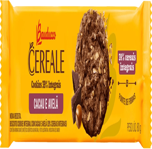 Biscoito Cookie 39% Cereais Integral Cacau e Avelã Bauducco Cereale Pacote 80g