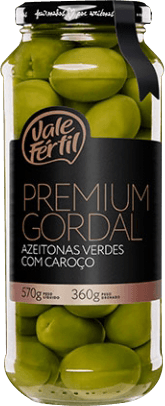 Azeitona Verde em Conserva Gordal com Caroço Vale Fértil Premium Vidro Peso Líquido 570g Peso Drenado 360g