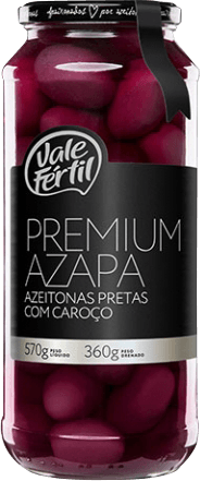 Azeitona Preta em Conserva Azapa com Caroço Fruto Maduro Vale Fértil Premium Vidro Peso Líquido 570g Peso Drenado 360g