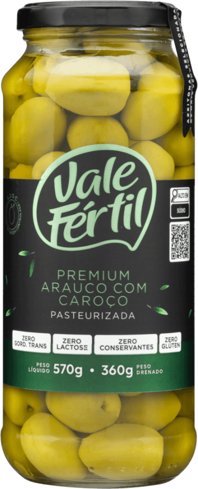 Azeitona Verde em Conserva Arauco com Caroço Vale Fértil Premium Vidro Peso Líquido 570g Peso Drenado 360g