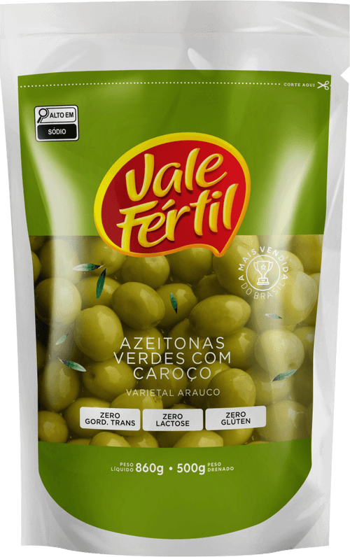 Azeitona Verde em Conserva Varietal Arauco com Caroço Vale Fértil Sachê Peso Líquido 860g Peso Drenado 500g