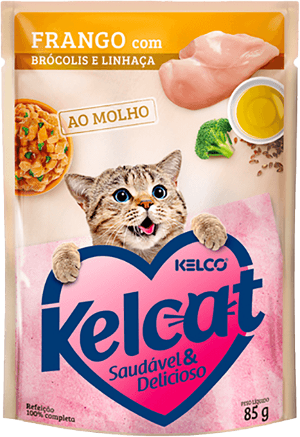 Racao-Umida-para-Gatos-Kelcat-Frango-Brocolis-e-Linhaca-Sache-85g