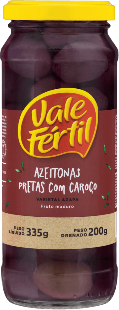 Azeitona Preta em Conserva Varietal Azapa com Caroço Fruto Maduro Vale Fértil Vidro Peso Líquido 335g Peso Drenado 200g