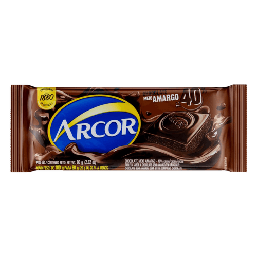 Chocolate Meio Amargo 40% Cacau Arcor Pacote 80g