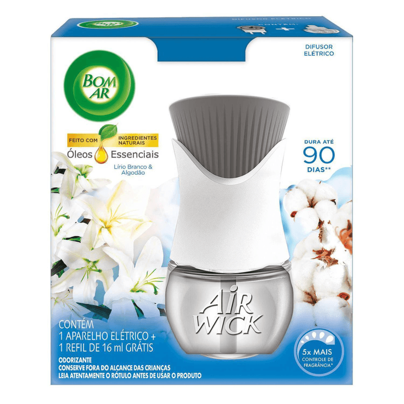 Difusor-de-Ambiente-Eletrico-Lirio-Branco---Algodao-com-Oleos-Essenciais-Bom-Ar-Air-Wick-Caixa-Gratis-Refil-16ml