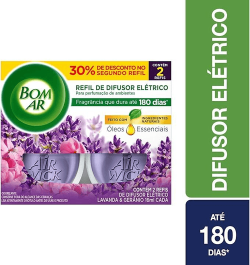 Difusor Elétrico Bom Ar Lavanda e Gerânio Refil Líquido 2x16ml