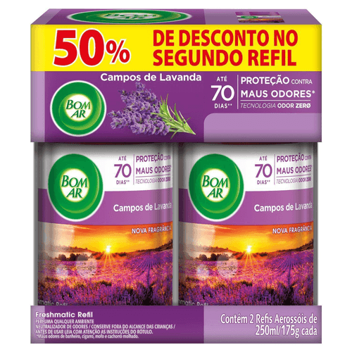 Aromatizador de Ambiente Bom Ar Automático Aerossol Freshmatic Refil 50% off na 2ª Unidade Campos de Lavanda