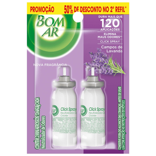 Aromatizador Bom Ar Click Spray Refil 50% off na 2ª Unidade Campos de Lavanda