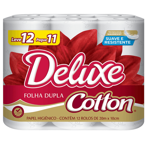 Papel Higiênico Folha Dupla Deluxe Cotton 20m Pacote Leve 12 Pague 11 Unidades