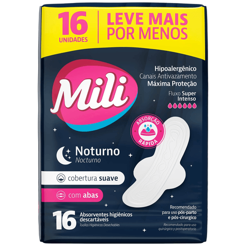 Absorvente Noturno Suave Com Abas Mili 16 Unidades