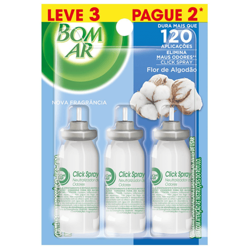 Aromatizador Bom Ar Click Spray Refil Leve 3 Pague 2 Flor de Algodão