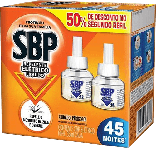 Repelente Elétrico Líquido SBP 45 Noites Cheiro Suave com 2 unidades de 32.9ml