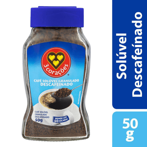 Café Solúvel Descafeinado 3 Corações Vidro 50g