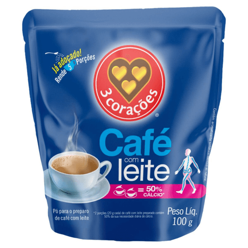 Café com Leite Solúvel 3 Corações Sache 100g