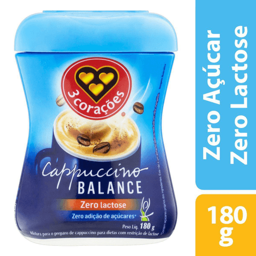 Cappuccino Solúvel Zero Lactose Balance 3 Corações Pote 180g