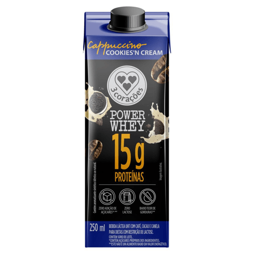 Bebida Láctea Cappuccino Power Whey 15g Cookies'n Cream 3 Corações 250ml