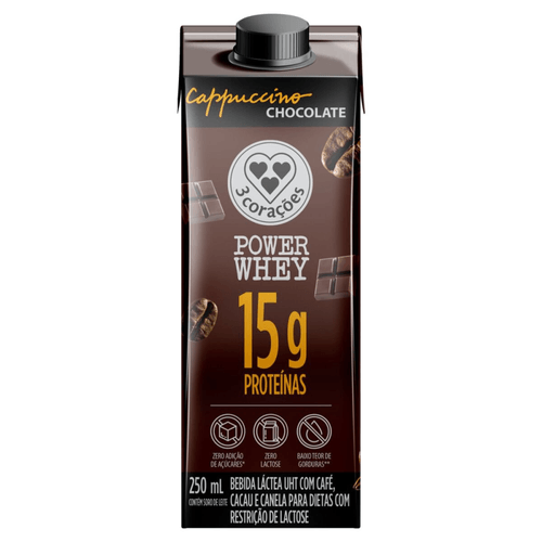 Bebida Láctea Cappuccino Power Whey 15g Chocolate 3 Corações 250ml