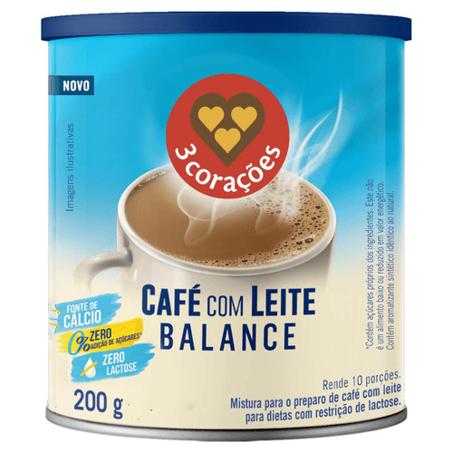 Café com Leite Solúvel Descafeinado Zero Lactose 3 Corações Lata 200g