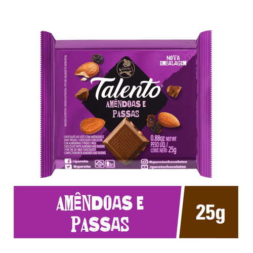 Chocolate GAROTO TALENTO ao Leite com Amêndoas e Passas 25g