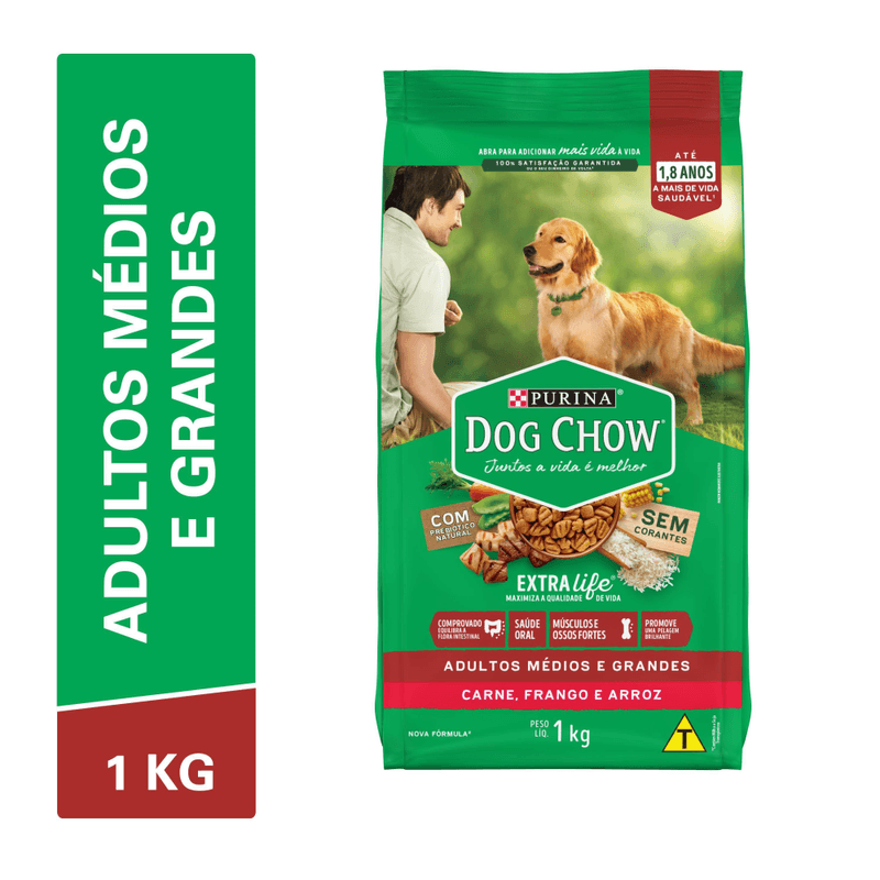 Alimento-para-Caes-Adultos-Racas-Medias-e-Grandes-Carne-Frango-e-Arroz-Purina-Dog-Chow-Extra-Life-Pacote-1kg