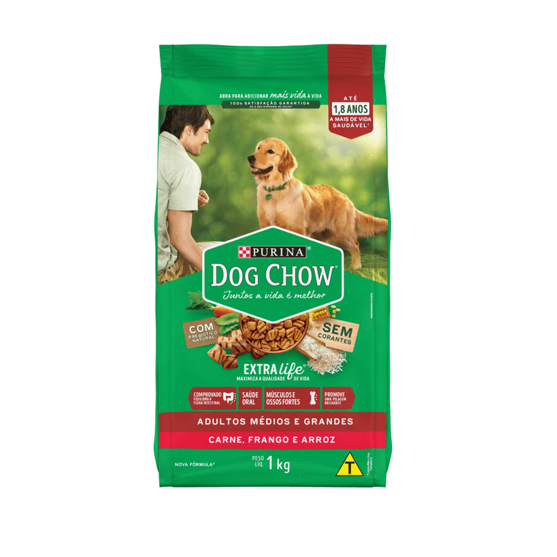 Alimento-para-Caes-Adultos-Racas-Medias-e-Grandes-Carne-Frango-e-Arroz-Purina-Dog-Chow-Extra-Life-Pacote-1kg