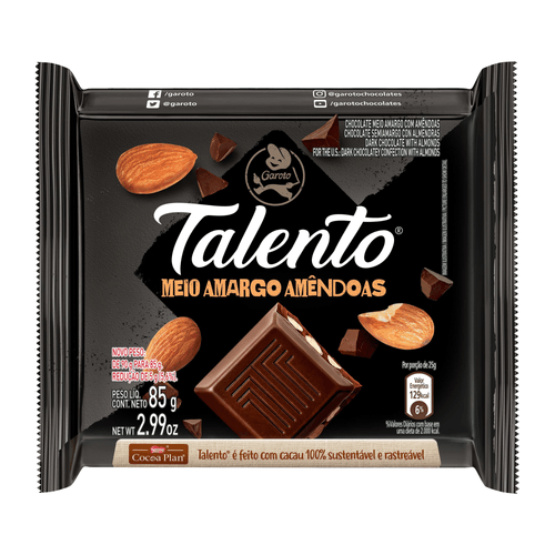 Chocolate TALENTO Meio Amargo com Amêndoas 85g