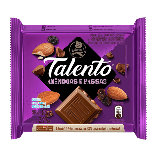 Chocolate GAROTO TALENTO Amêndoas com Passas 85g