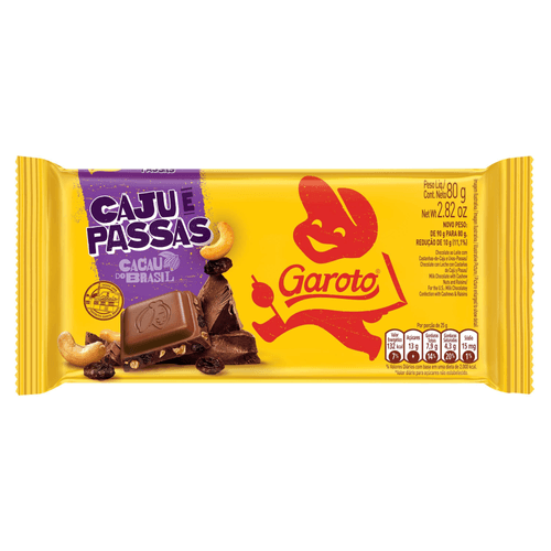 Chocolate ao Leite GAROTO Caju com Passas Tablete 80g