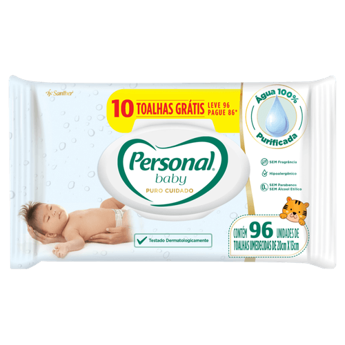 Toalha Umedecida Infantil sem Perfume Personal Baby Puro Cuidado Pacote Leve 96 Pague 86 Unidades