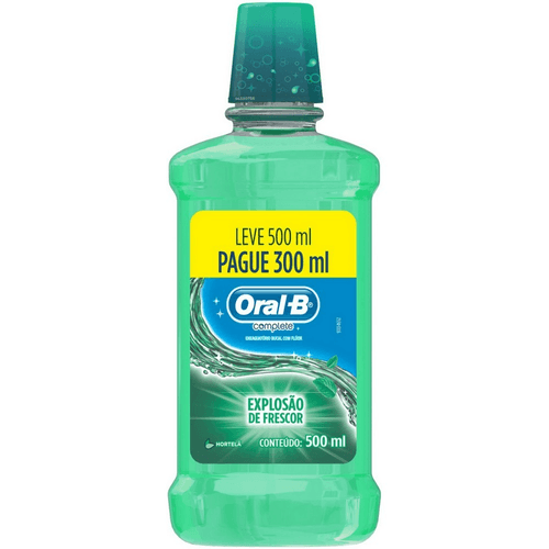 Enxaguante Bucal com Flúor Zero Álcool Hortelã Oral-B Complete Cuidado Anticárie Frasco Leve 500ml Pague 300ml