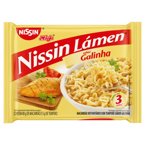 Macarrão Instantâneo Lámen com Tempero de Galinha Nissin Miojo Pacote 85g Sendo 80g de Macarrão e 5g de Tempero