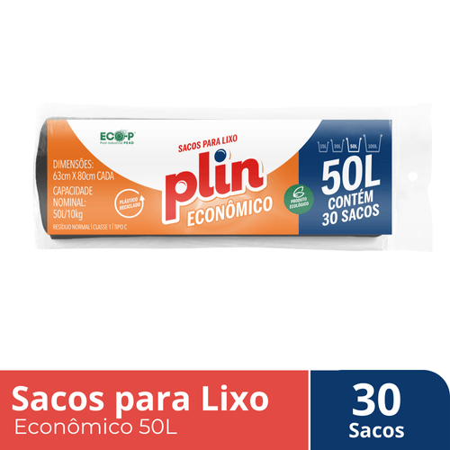 Saco de Lixo Econômico Plin Preto 50 Litros 30 Unidades