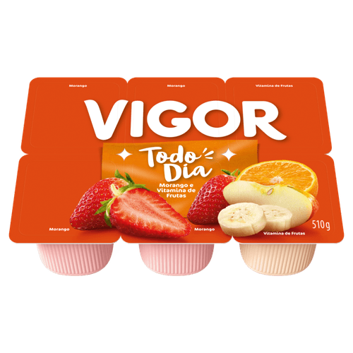 Bebida Láctea Fermentada Morango + Vitamina de Frutas Vigor Todo Dia Bandeja 510g 6 Unidades