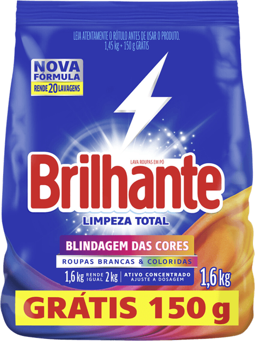 Lava-Roupas em Pó Roupas Brancas e Coloridas Ativo Concentrado Brilhante Limpeza Total Pacote 1,6kg Grátis 150g