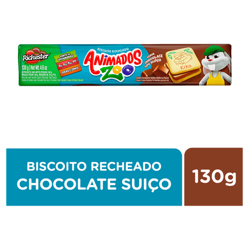 Biscoito Recheio Chocolate Tipo Suíço Richester Animados Zoo Pacote 130g